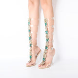 Women Knee High Gladiator Stiletto Heel Strappy Buckle Crystal Rhinestones Sexy Dress Sandals