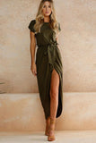 Asymmetric Hem Plain Short Sleeve Maxi Dresses