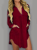 Turn Down Collar Patch Pocket Plain Shift Dress