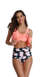 Women's Swimsuit Two Piece Bathing Suits Ruffled Flounce Top Printed High Waisted Bottom Tankini Set