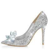 Glitter Silver Charming Point Toe Crystal Cinderella Wedding Prom Shoes