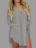 Turn Down Collar Patch Pocket Plain Shift Dress