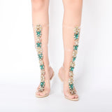 Women Knee High Gladiator Stiletto Heel Strappy Buckle Crystal Rhinestones Sexy Dress Sandals