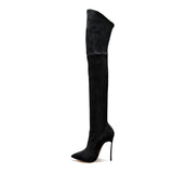 azmodo Suede Pointed Toe Stiletto Heel Thigh High Boots