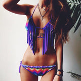 Fringed color bikini sexy print split swimsuit