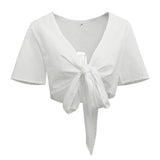 Pure color V-neck navel tying short-sleeved shirt
