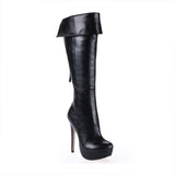 Fashion Black PU Stiletto Heels Knee High Women's Boots