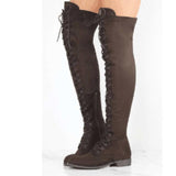 azmodo Black Suede Cross Strap Block Heel Thigh High Boots