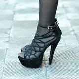 AZMODO Black Butterfly Cut-Outs Style Stiletto Heel Peep Toe Sandals