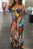Women's Tie-dye Print Sling One-piece Swimsuit + Long Sleeve Beach Cover Up Two-Piece Set