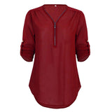 Women's zipper V-neck casual solid color chiffon shirt