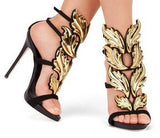 Strappy Stiletto Heel Dress Sandals hollow heel with colored leaf