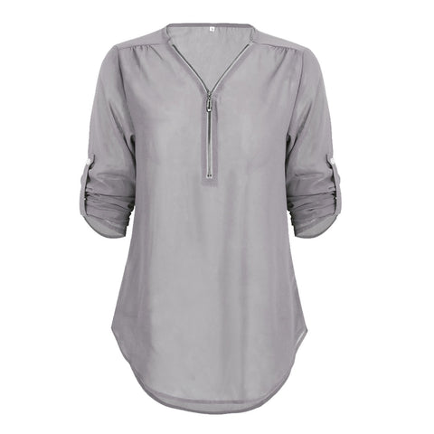 Women's zipper V-neck casual solid color chiffon shirt