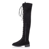 azmodo Black Suede Cross Strap Block Heel Thigh High Boots