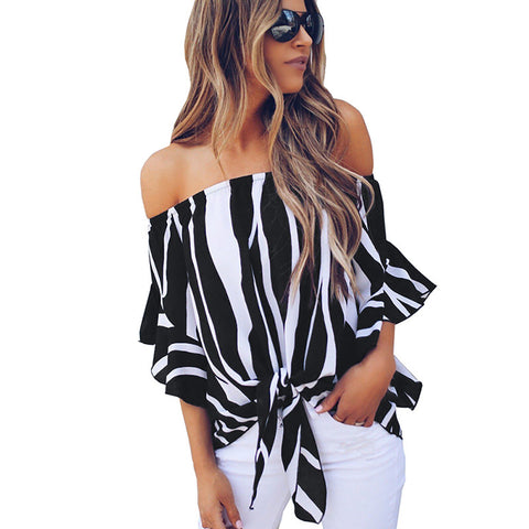 AZMODO Women's Striped Off Shoulder Bell Sleeve Shirt Tie Knot Casual Blouses Tops