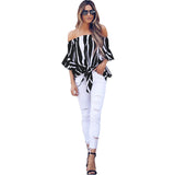 AZMODO Women's Striped Off Shoulder Bell Sleeve Shirt Tie Knot Casual Blouses Tops