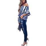AZMODO Women's Striped Off Shoulder Bell Sleeve Shirt Tie Knot Casual Blouses Tops
