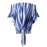 AZMODO Women's Striped Off Shoulder Bell Sleeve Shirt Tie Knot Casual Blouses Tops