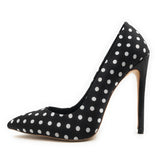 azmodo Women Black Polka Dot Pointed Toe Satin Fabric Slip-On Pumps with High Stiletto Heels Shoes