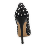 azmodo Women Black Polka Dot Pointed Toe Satin Fabric Slip-On Pumps with High Stiletto Heels Shoes