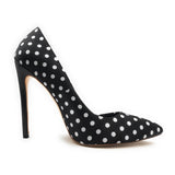 azmodo Women Black Polka Dot Pointed Toe Satin Fabric Slip-On Pumps with High Stiletto Heels Shoes