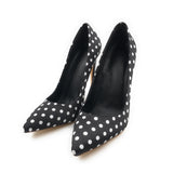 azmodo Women Black Polka Dot Pointed Toe Satin Fabric Slip-On Pumps with High Stiletto Heels Shoes