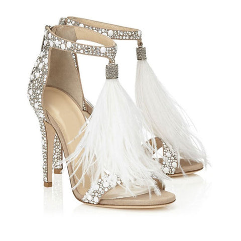 Women's Wedding Dress Party & Evening Stiletto Heel Pearl Tassel White Color Feather Shoes
