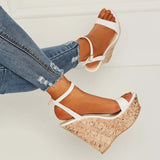 AZMODO Ankle Strap Platform Line-Style Buckle White Wedge Sandals