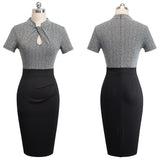 Vintage Contrast Color Patchwork Wear to Work Knot vestidos Bodycon Office Business Sheath Women Dress