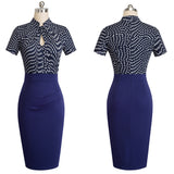 Vintage Contrast Color Patchwork Wear to Work Knot vestidos Bodycon Office Business Sheath Women Dress