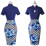 Vintage Contrast Color Patchwork Wear to Work Knot vestidos Bodycon Office Business Sheath Women Dress