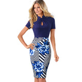 Vintage Contrast Color Patchwork Wear to Work Knot vestidos Bodycon Office Business Sheath Women Dress
