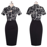 Vintage Contrast Color Patchwork Wear to Work Knot vestidos Bodycon Office Business Sheath Women Dress
