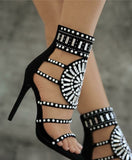 Women Strappy High Heels Gladiator Stilettos Peep Toe Embellished Rhinestone Jeweled Sandals