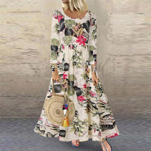 Azmodo Women Vintage Flroal Printed plus size long sleeve Autumn Casual Pacthwork Dress Robe Femme bohemian Sundress Dresses