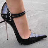 Black Pointed-toe Double Metal Buckles Stiletto Heels
