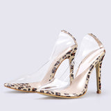 azmodo Leopard Clear Stiletto Heels