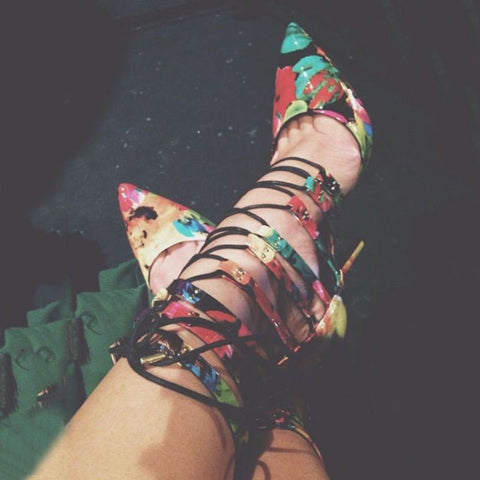 Flower Print Lace Up Stiletto Heels