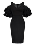 Black Ruffle Sleeve V-Neck Bodycon Dress