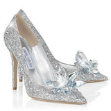 Glitter Silver Charming Point Toe Crystal Cinderella Wedding Prom Shoes