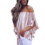 AZMODO Women's Striped Off Shoulder Bell Sleeve Shirt Tie Knot Casual Blouses Tops