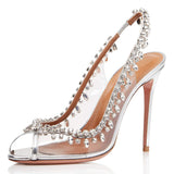 Women Stiletto Thin High Heels Crystal Pumps Sexy Peep Toe Wedding Bridals Shoes Spring Rhinestone Ball Party Lady Heel