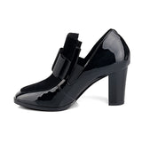 Women Black Patent Leather Bowknot Thick Heel Square Toe Platform Pumps Heels Ankle Boots