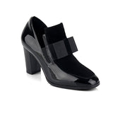 Women Black Patent Leather Bowknot Thick Heel Square Toe Platform Pumps Heels Ankle Boots